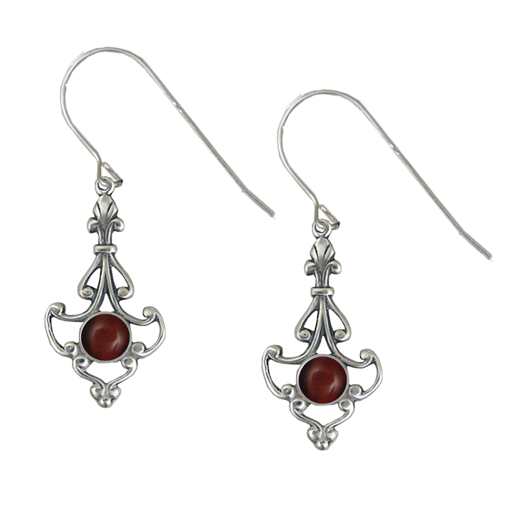 Sterling Silver Victorian Red Tiger Eye Drop Dangle Earrings